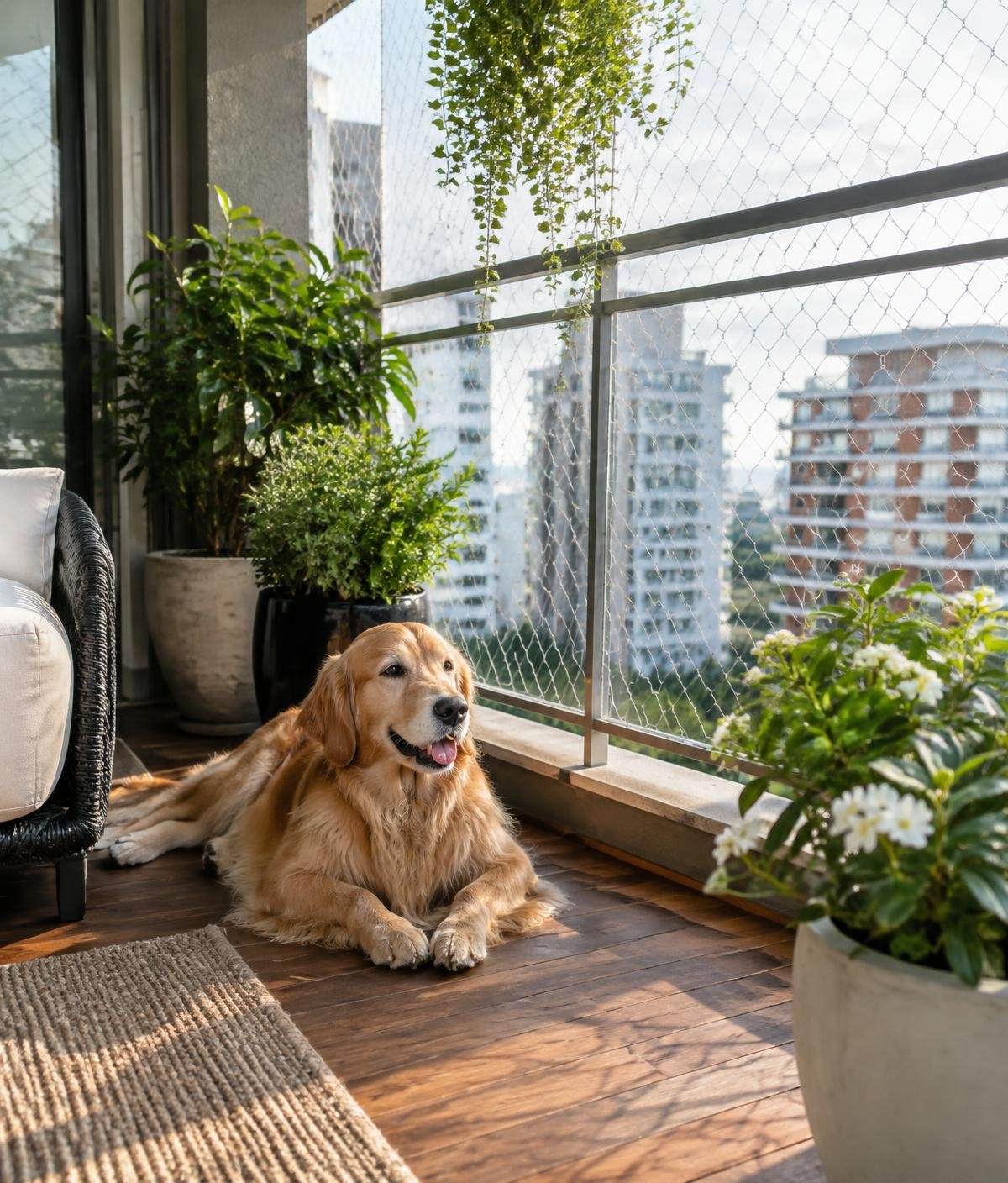 Cachorro descansando em varanda com rede de proteção